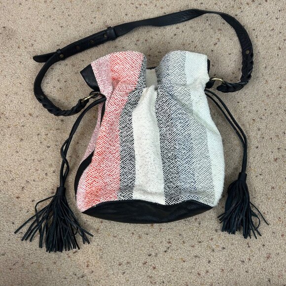 ULLA JOHNSON Striped Sweater Knit BUCKET BAG With Leather Strap Tassels Women's
